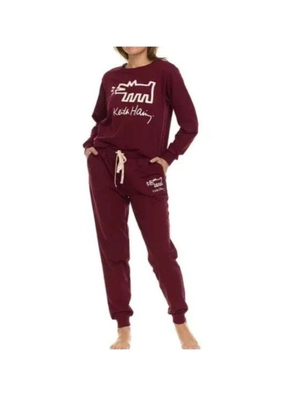 NWT Keith Haring Women's S Lounge Set Burgundy Long Sleeve Crew & Jogger 2-Piece